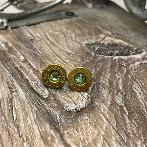 BULLET STUD EARRINGS - 45 AUTO - SWAROVSKI CRYSTAL BIRTHSTONE AUGUST - PERIDOT
